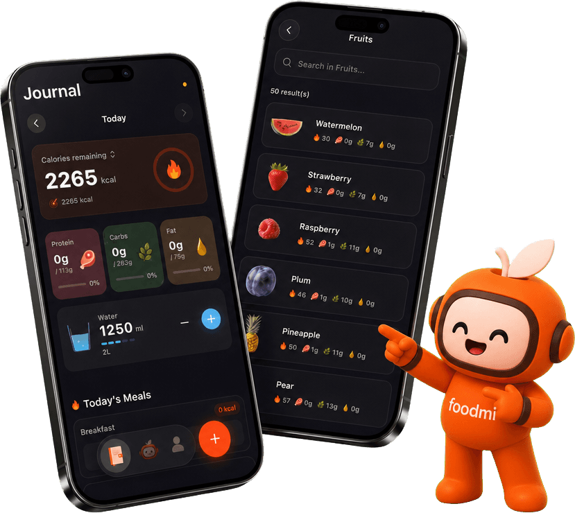 Foodmi journal and food search screens shown on two smartphones with the Foodmi mascot